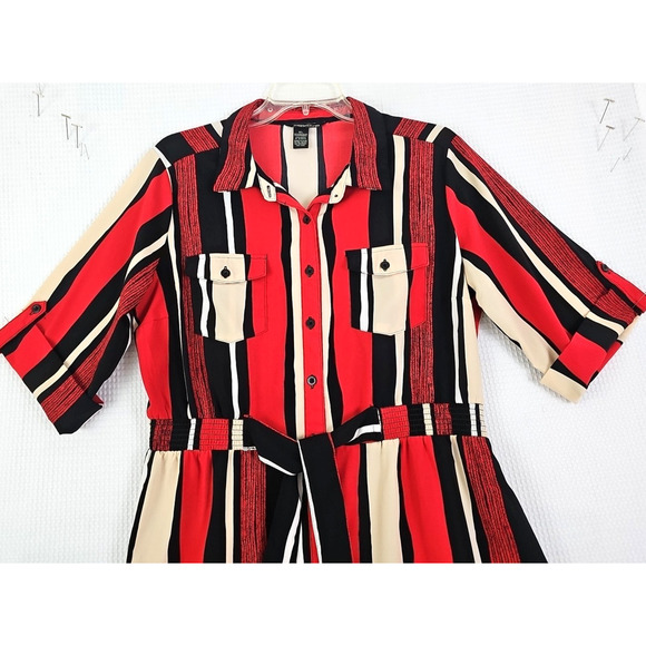 Millenium~Size XL~Red/Multicolor Striped Short Sleeve Button Dress Elastic Waist - Picture 12 of 13